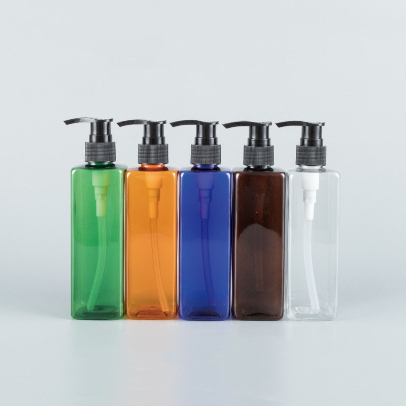 250ml square bottle with pump for repackaging shampoo, body lotion, and hand soap in PET empty bottles.