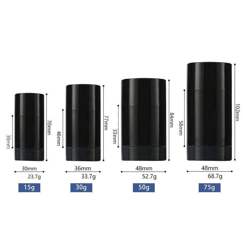 75g deodorant stick, 30g mud mask stick, 50g face mask cream, double-capped sunscreen tube, 15g antiperspirant deodorant.