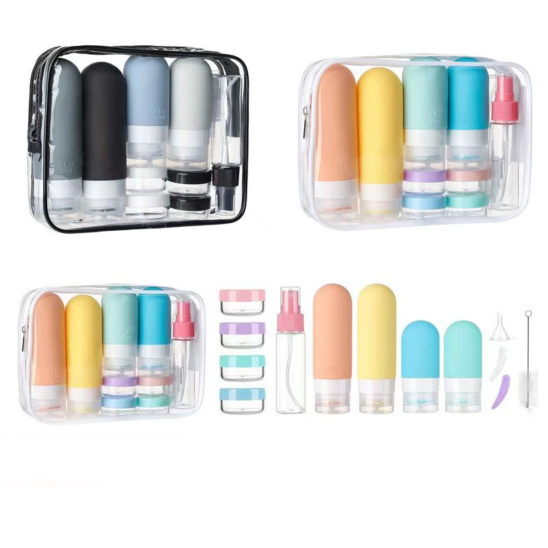 Silicone travel-size portable shampoo and lotion bottles for outdoor use.