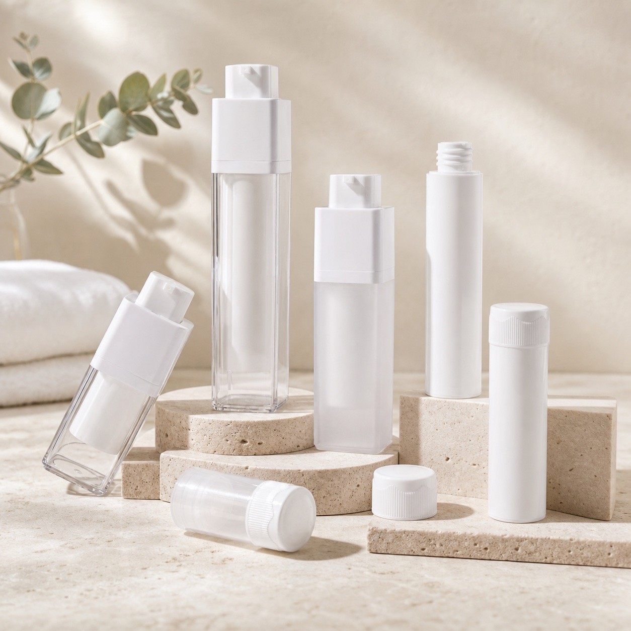 As Plastic Square Rotation Airless Vacuum Press Bottle 15ml 30ml 50ml Luxury Eye Cream Skincare Dispenser with Screen Printing