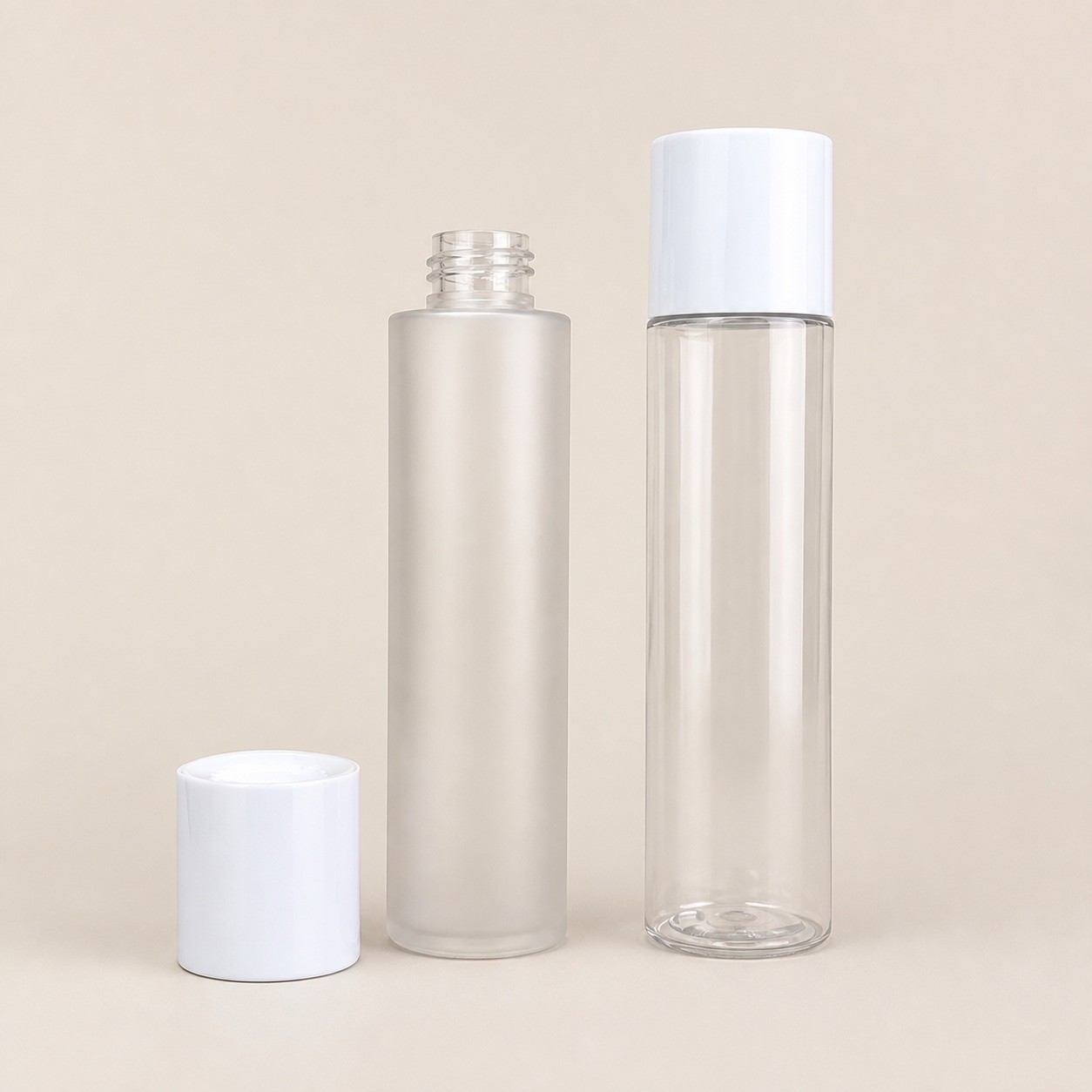 Wholesale Transparent Frosted PET Cosmetic Bottle with White Screw Cap, 40ml 100ml 120ml Empty Skincare Toner Lotion Bottle