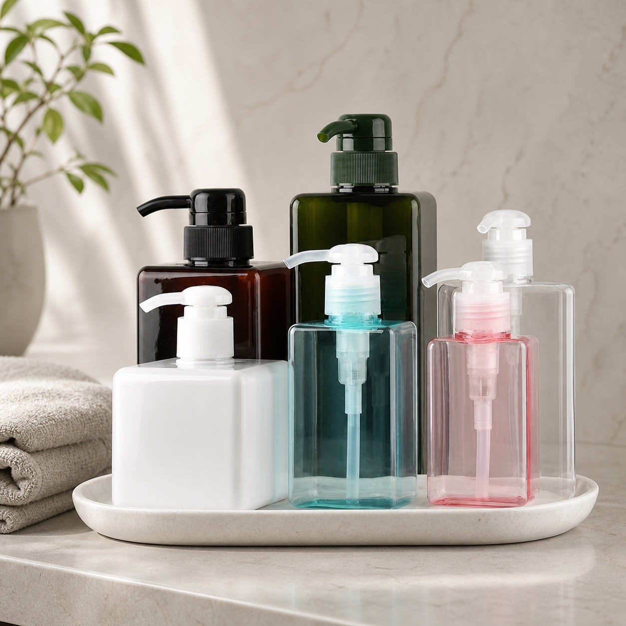Luxury PETG Plastic 250ml 650ml Square Clear Green Pink Square Empty Cosmetic Lotion Pump Bottles Shampoo Liquid Soap Containers