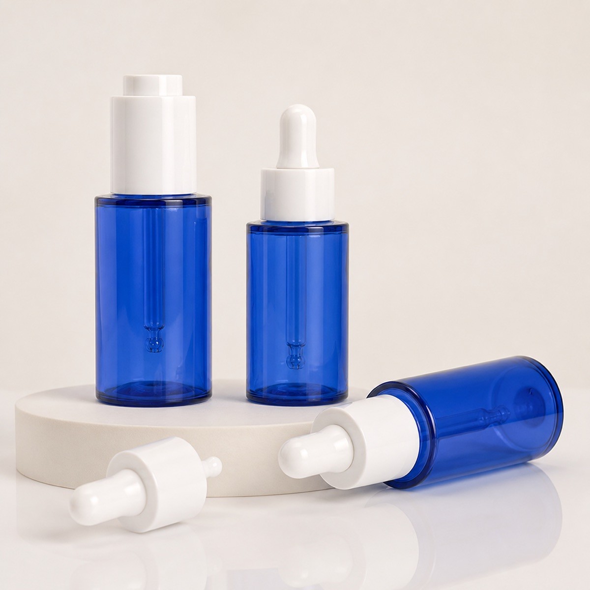 Essential Serum Flat Shoulder Blue PET Plastic 30ml 50ml Dropper Bottle