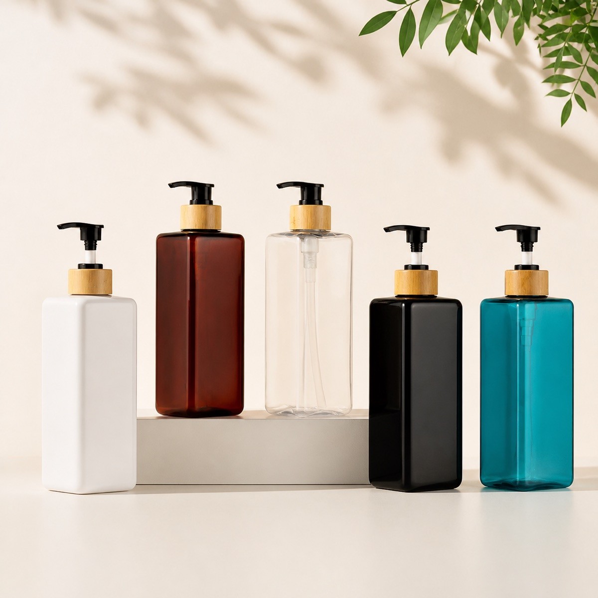 Customizable Square PET Plastic Pump Bottles Plastic Collar Empty Black/White Refillable Dispenser Containers Shampoo