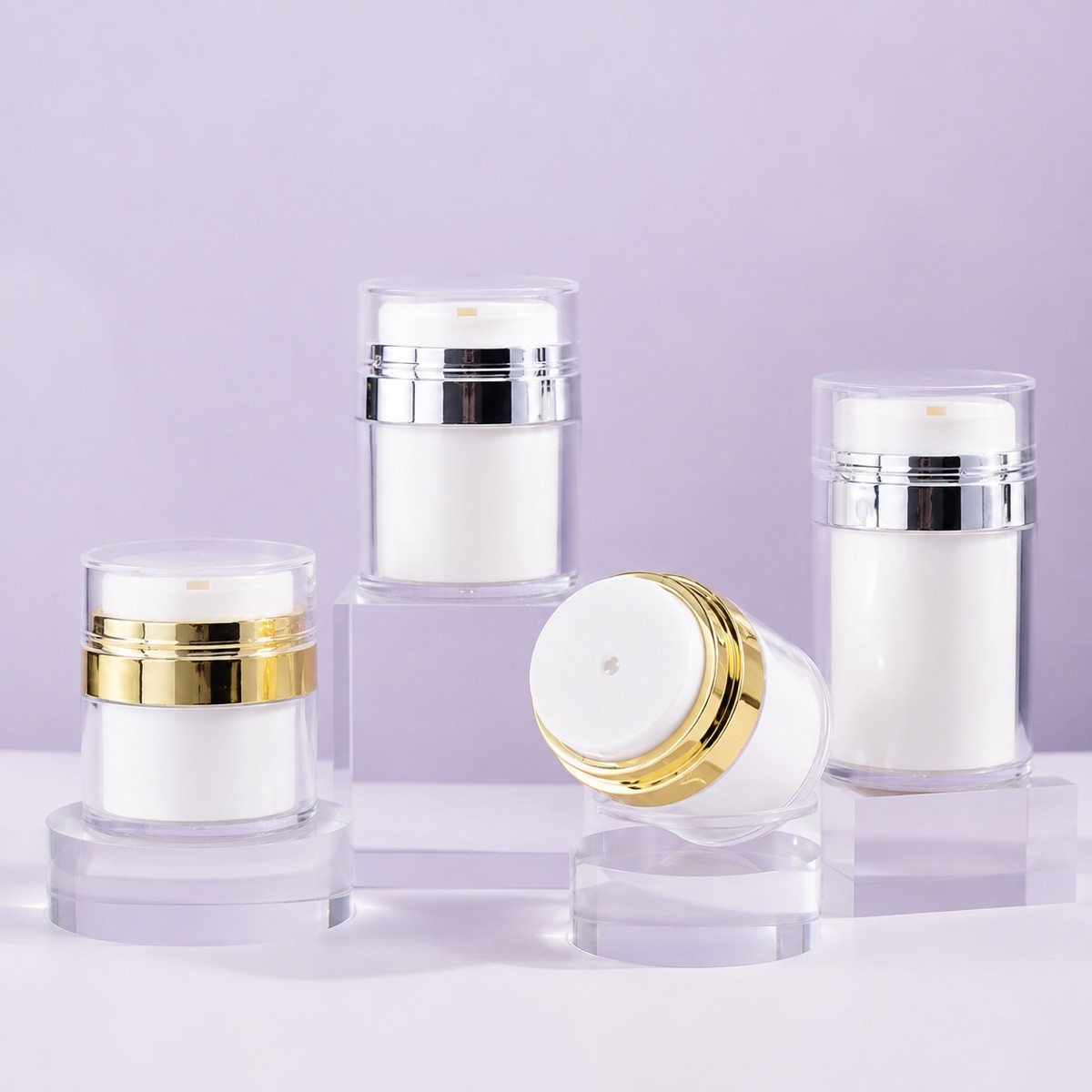 Luxury15ml 30 50ml  150ml White Gold Acrylic Airless Lotion Cream Pump Jar Press Facial Packaging Plastic Skincare Cosmetics Jars