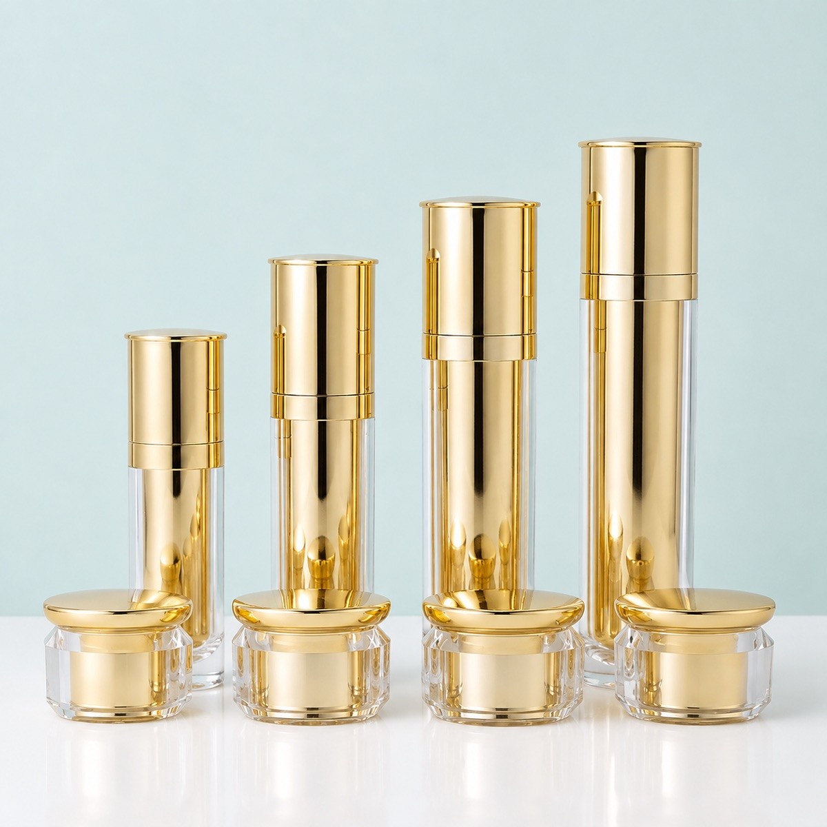 Gold Airless Skincare Bottle and Cream Jar Collection — Acrylic Outer-Pack Selection