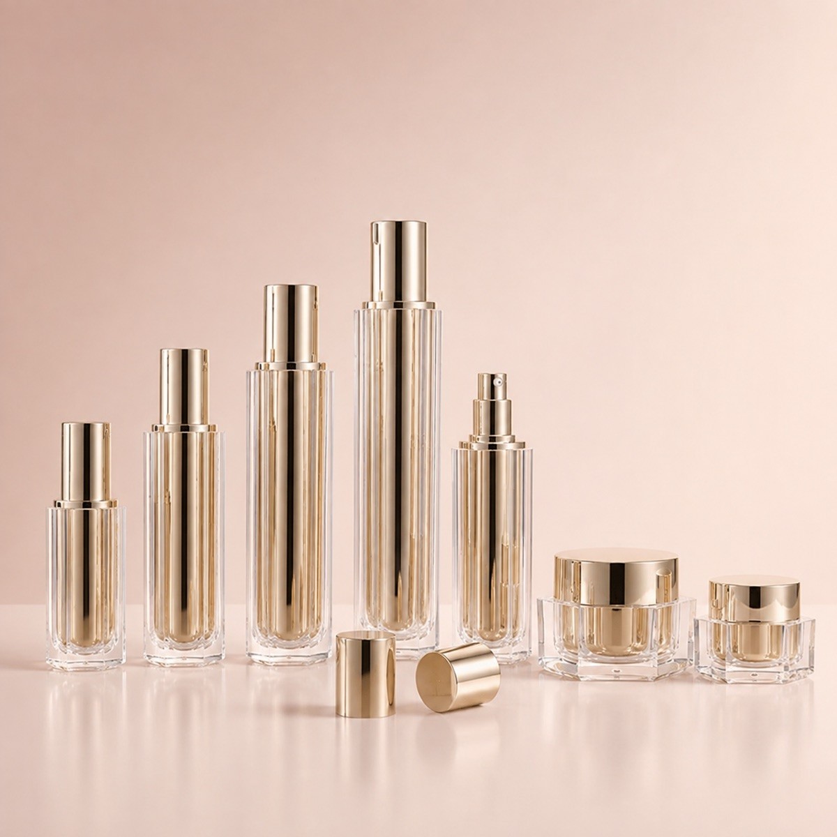 Luxury Gold Acrylic Hexagon 30/50g 30/50/100/120ml PMMA Cosmetic Bottles and Cream Jar for Lotion/face Cream/eye Cream