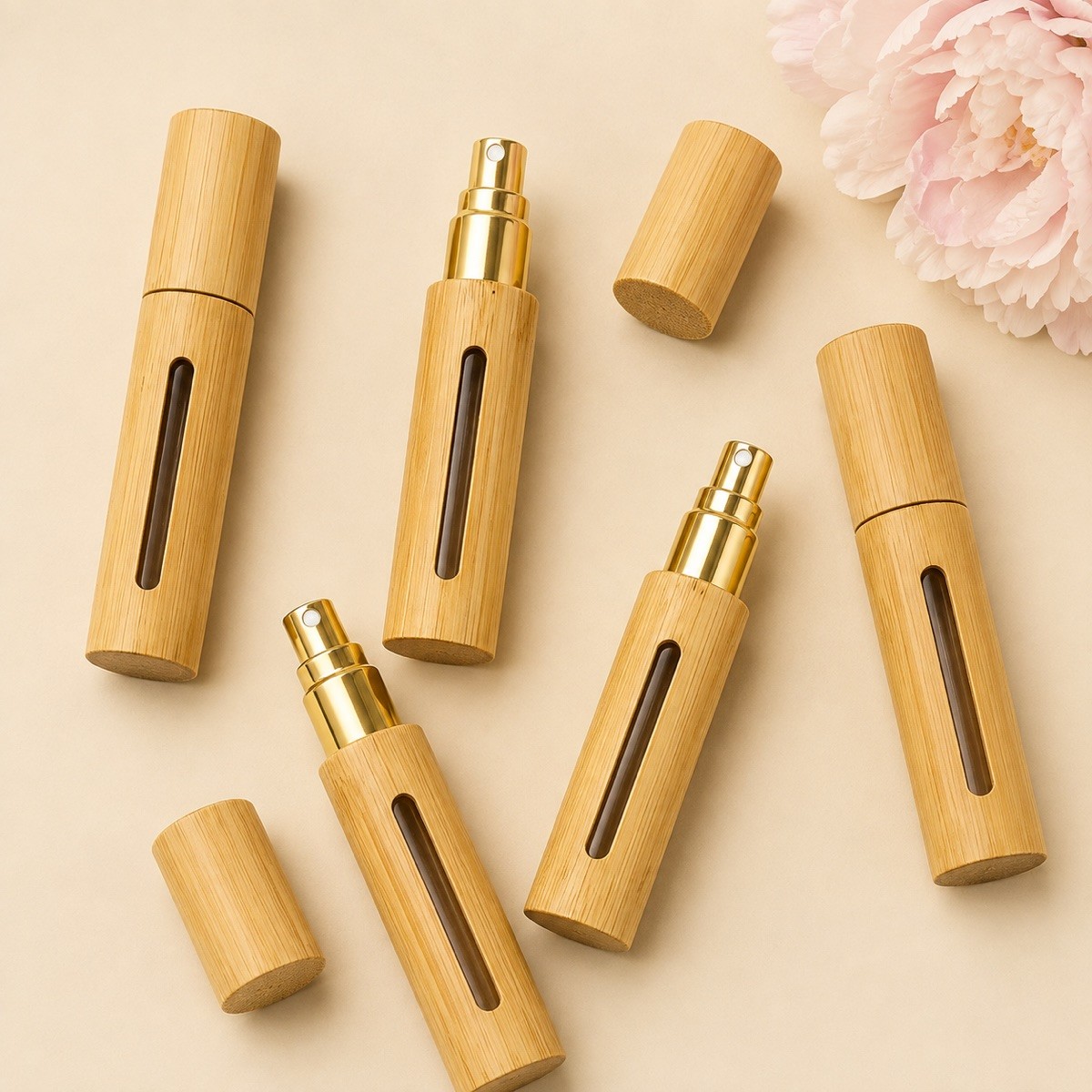 Natural Bamboo Perfume Atomizer Mini Refillable Travel Fragrance Spray Bottle With Gold Mist Pump Custom Logo