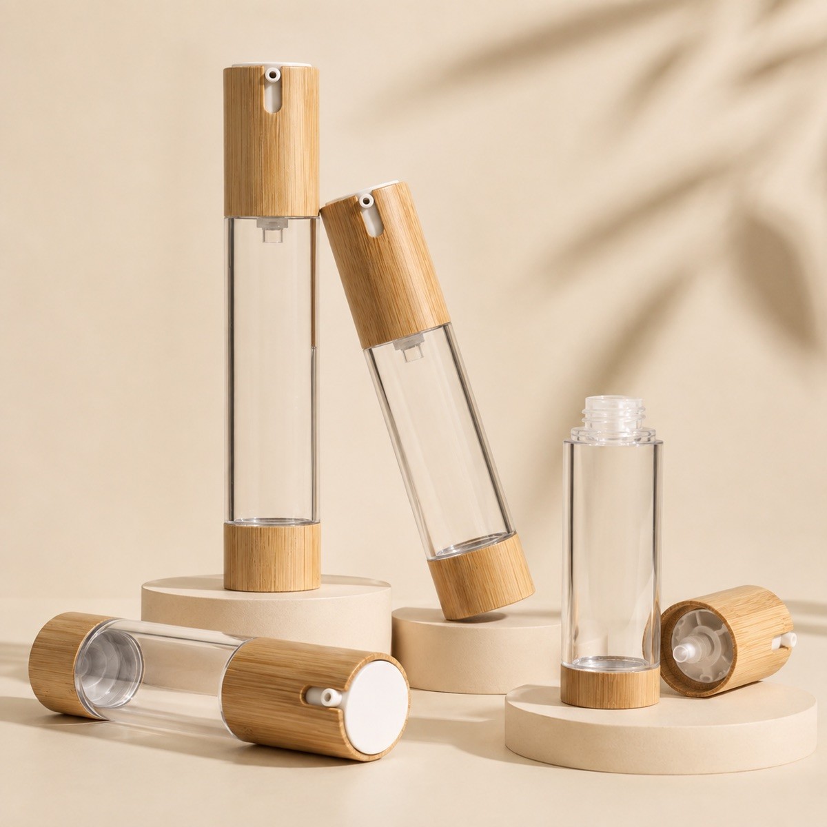 U-Shaped 15/30/50ml Plastic Lotion Cream Face Cream Airless Pump Bottle Emulsion Vacuum Press Type Bamboo Logo Printing