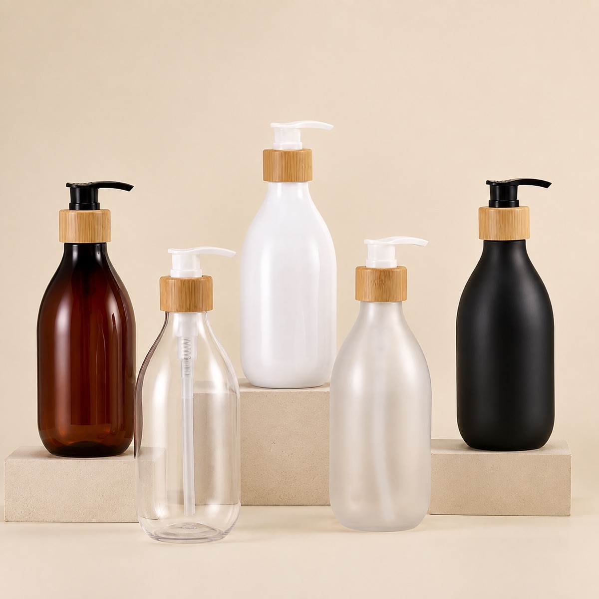 500ml & 300ml Frosted PET Cylindrical Shampoo Bottles with Wood Screw Cap Customized Logo for Cosmetic Lotion Packaging