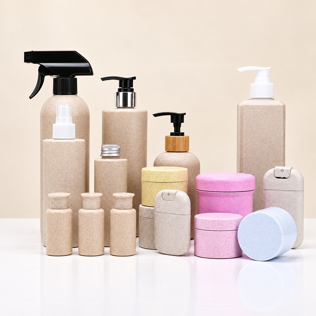 Hot Selling 300ml 500ml Wheat Straw Cosmetic Plastic Bottle Flip Pump Sprayer for Shampoo Body Lotion Hair Facial Cleanser