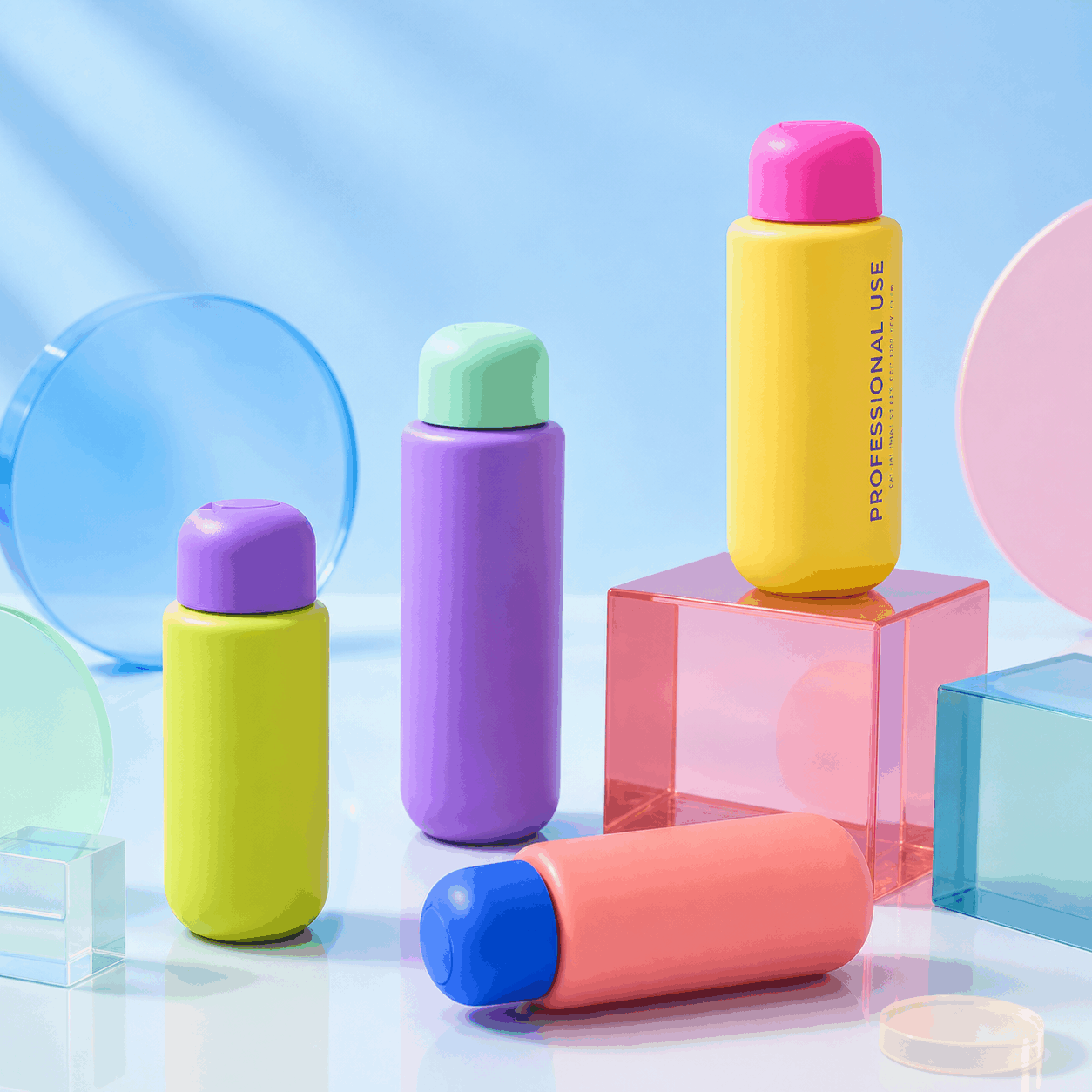 colorful-pe-cosmetic-bottles-with-rounded-caps-on-acrylic-blocks