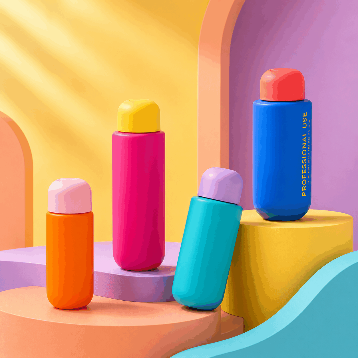 colorful-soft-touch-pe-cosmetic-bottles-on-geometric-display