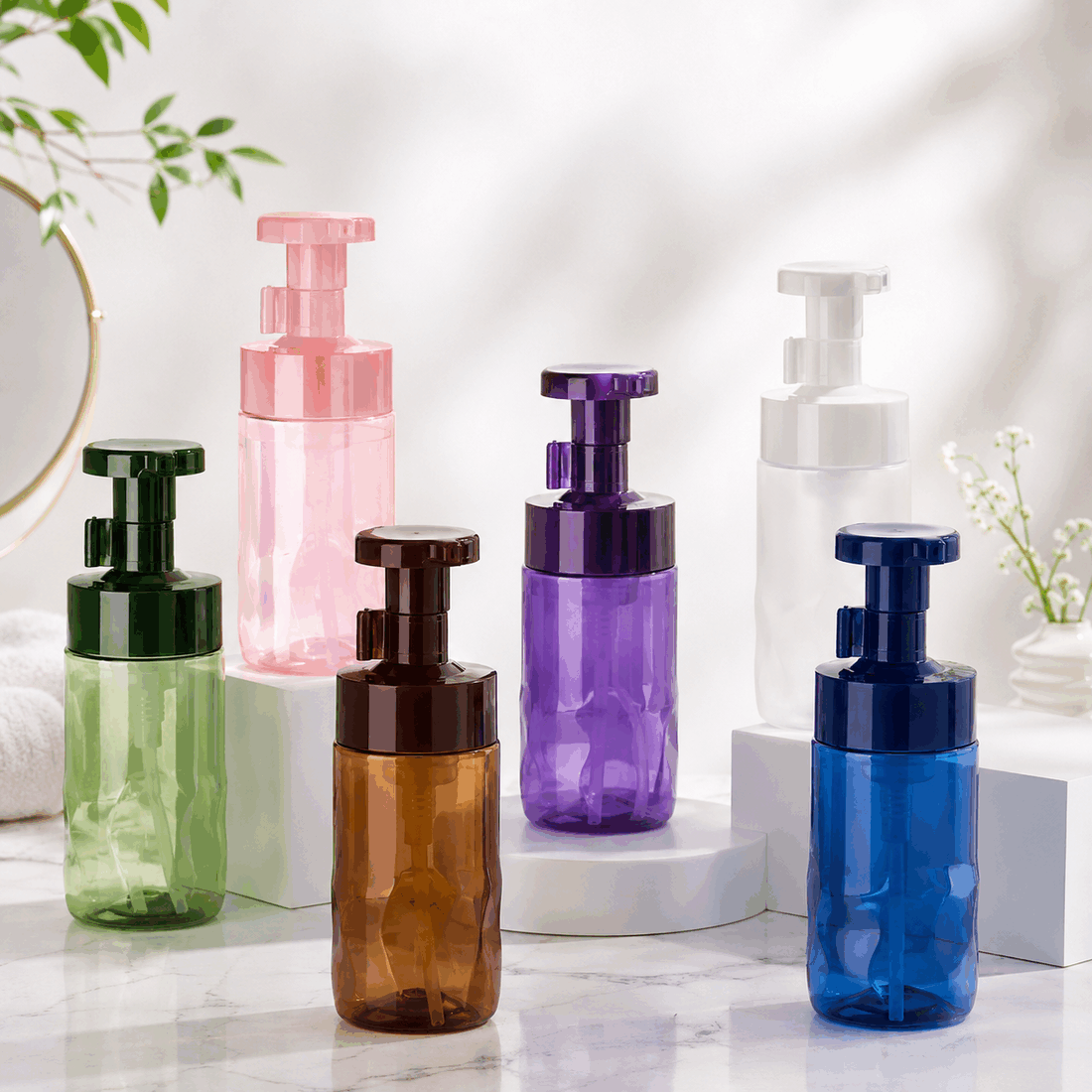 colorful-220ml-pet-water-ripple-foam-pump-bottles-in-bathroom