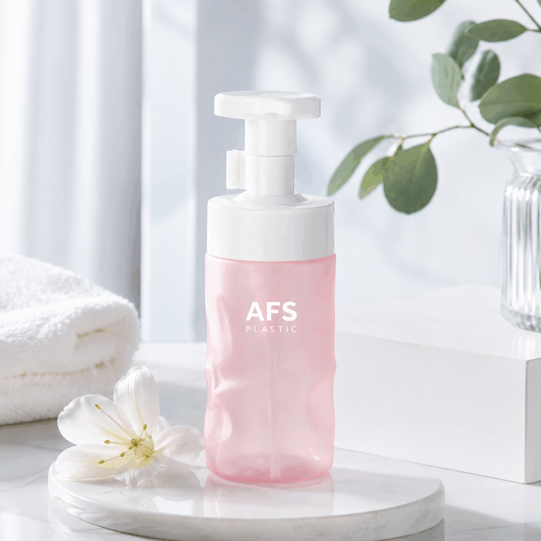 pink-frosted-220ml-pet-water-ripple-bottle-with-white-foam-pump