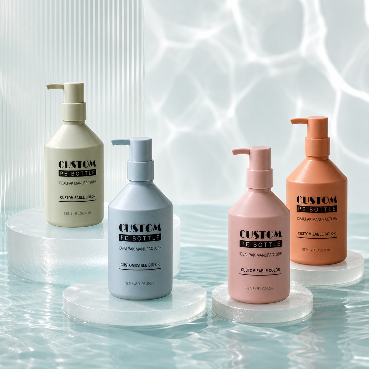 four-pastel-300ml-pe-lotion-pump-bottles-on-water-display