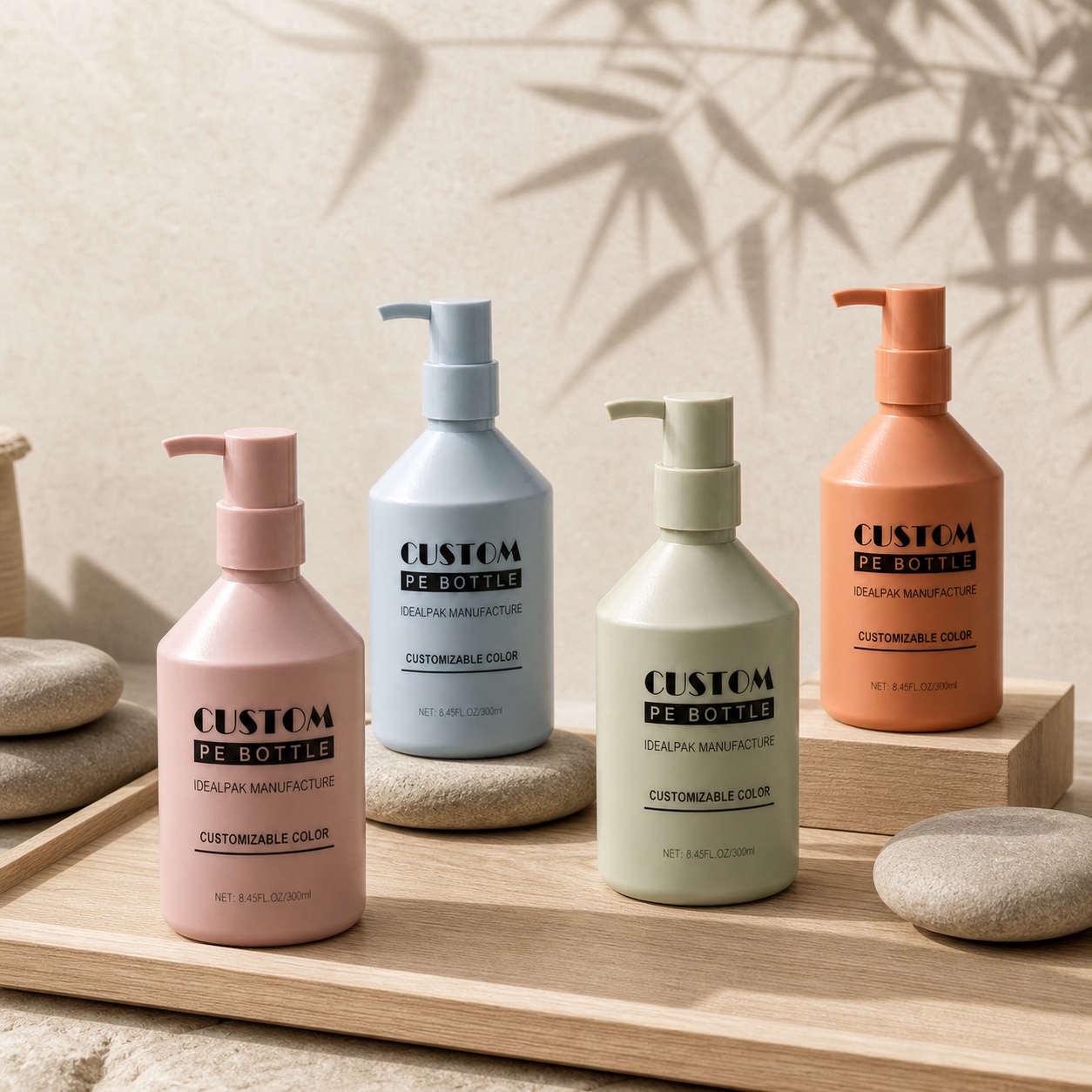 four-pastel-300ml-pe-lotion-pump-bottles-on-wooden-spa-tray
