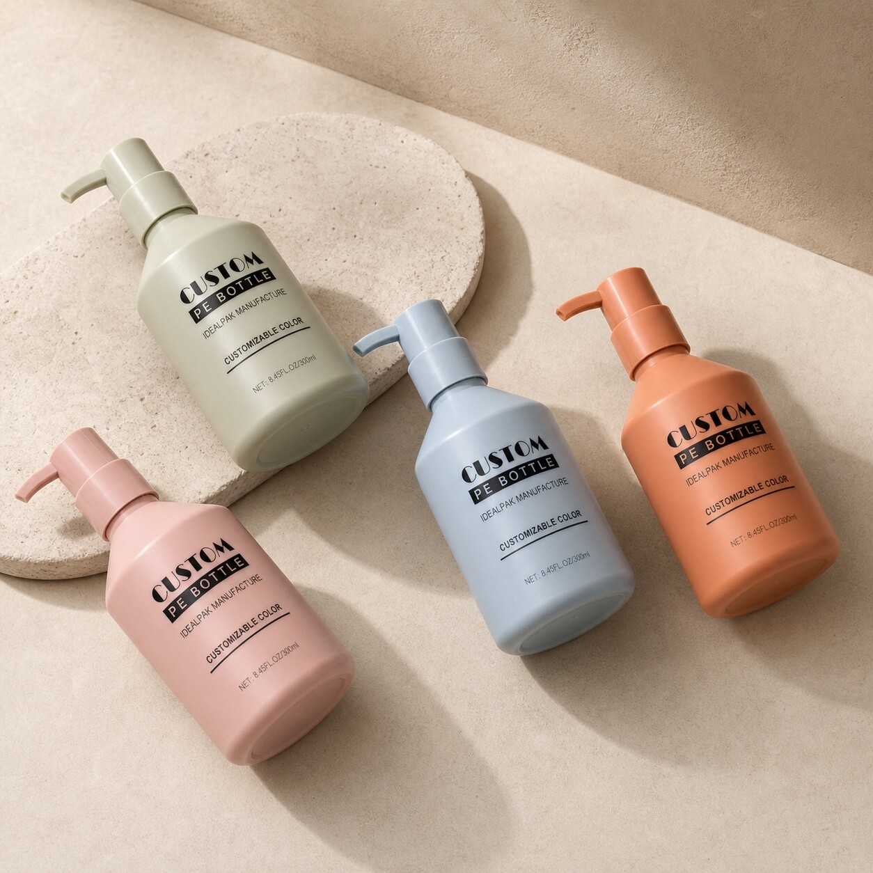 four-pastel-300ml-pe-lotion-pump-bottles-viewed-from-above