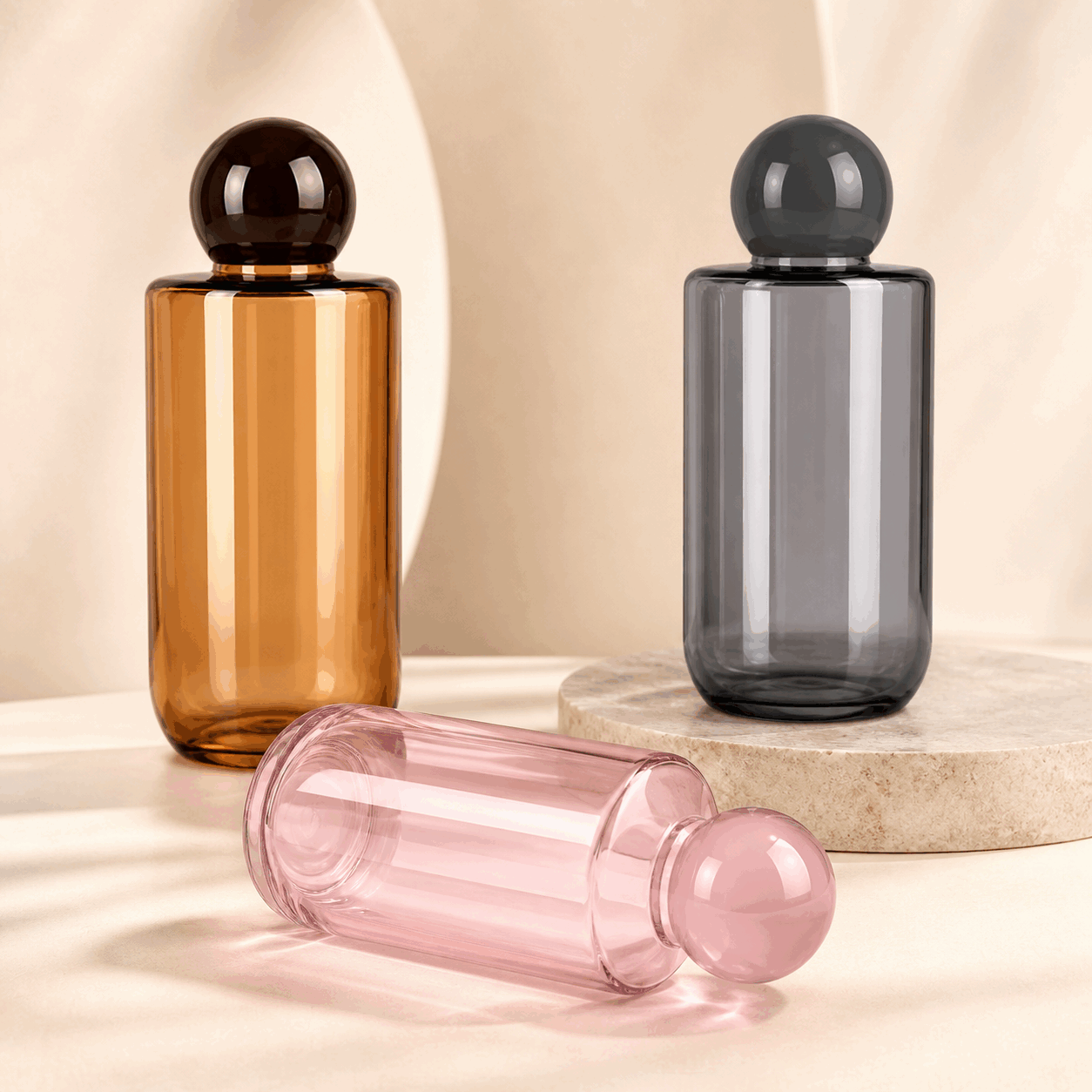amber-gray-and-pink-200ml-pet-spherical-cap-bottles-display