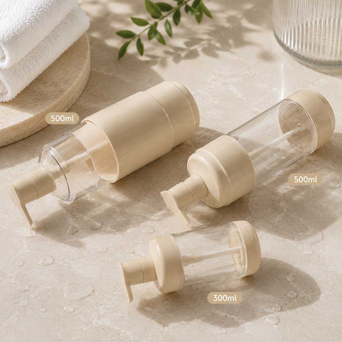 two-500ml-and-one-300ml-pet-lotion-pump-bottles-on-bathroom-counter