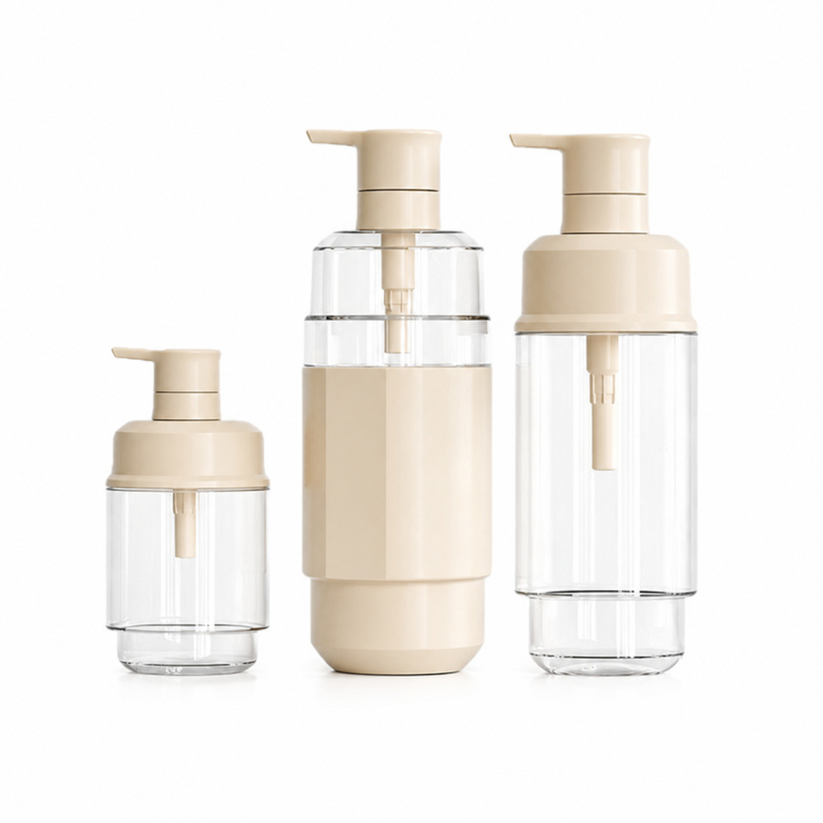 three-clear-and-beige-300ml-and-500ml-pet-lotion-pump-bottles
