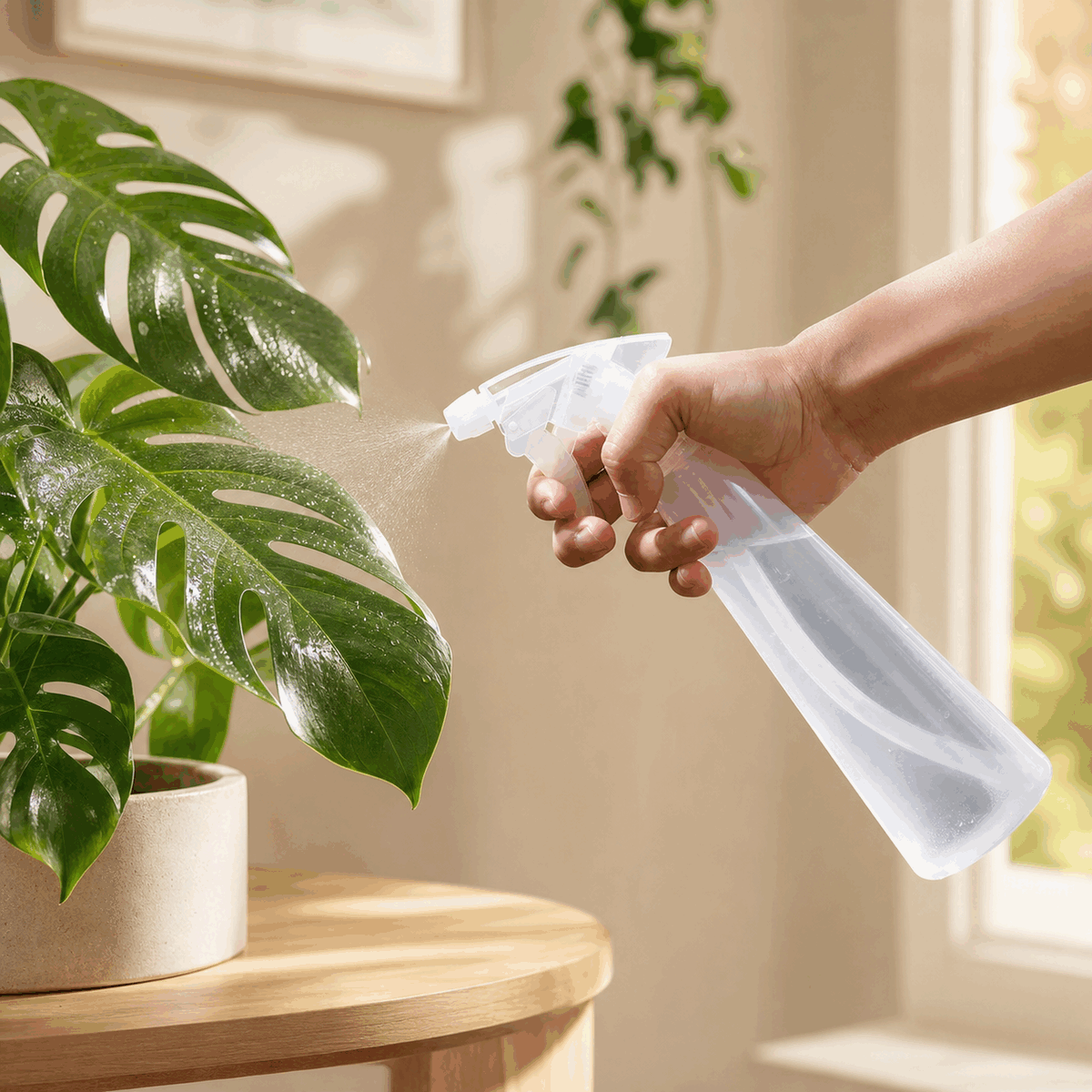 hand-using-clear-350ml-pp-trigger-spray-bottle-on-houseplant