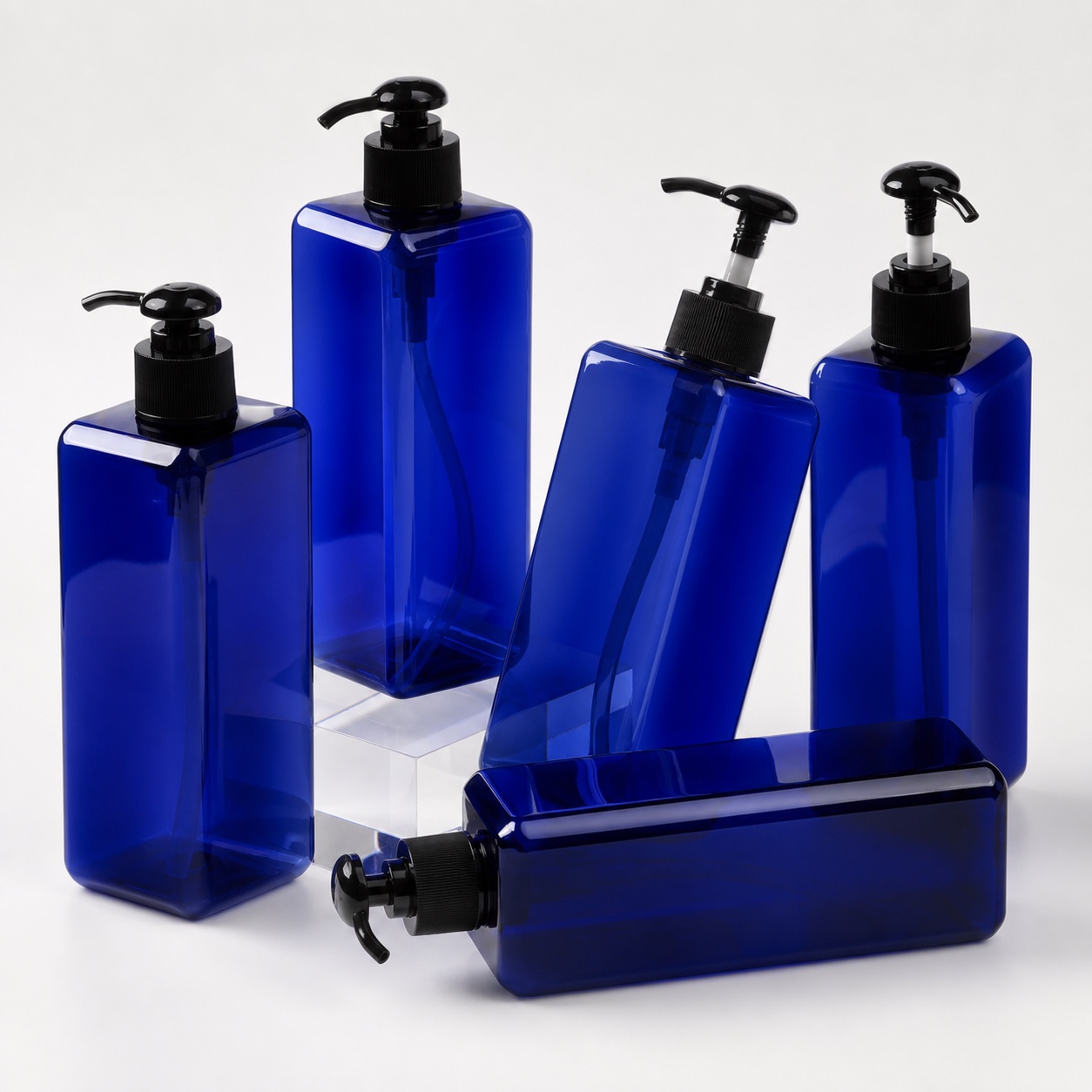cobalt-blue-500ml-square-pet-lotion-pump-bottles-with-black-pumps