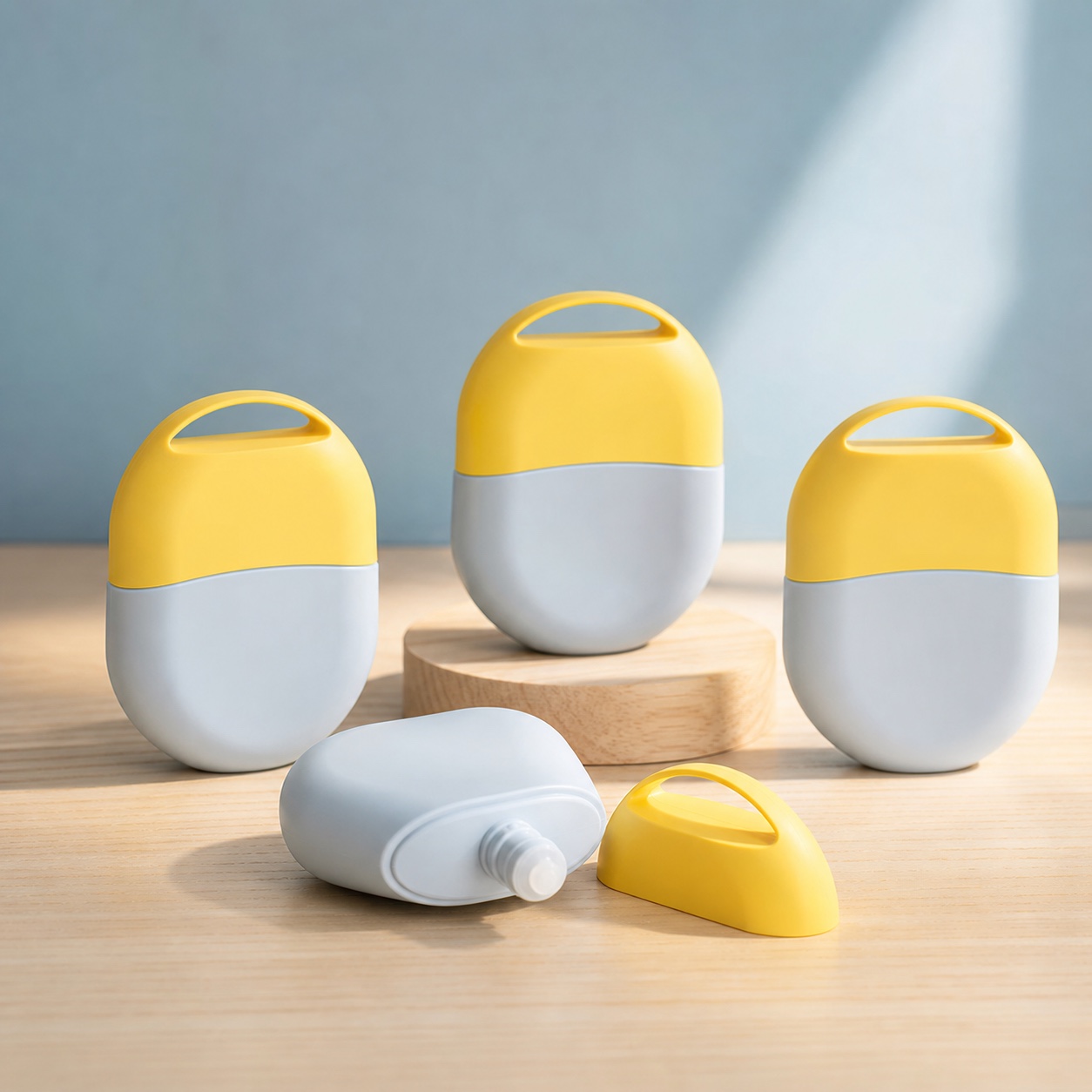 blue-and-yellow-50ml-pp-sunscreen-bottles-arranged-in-a-tabletop-display