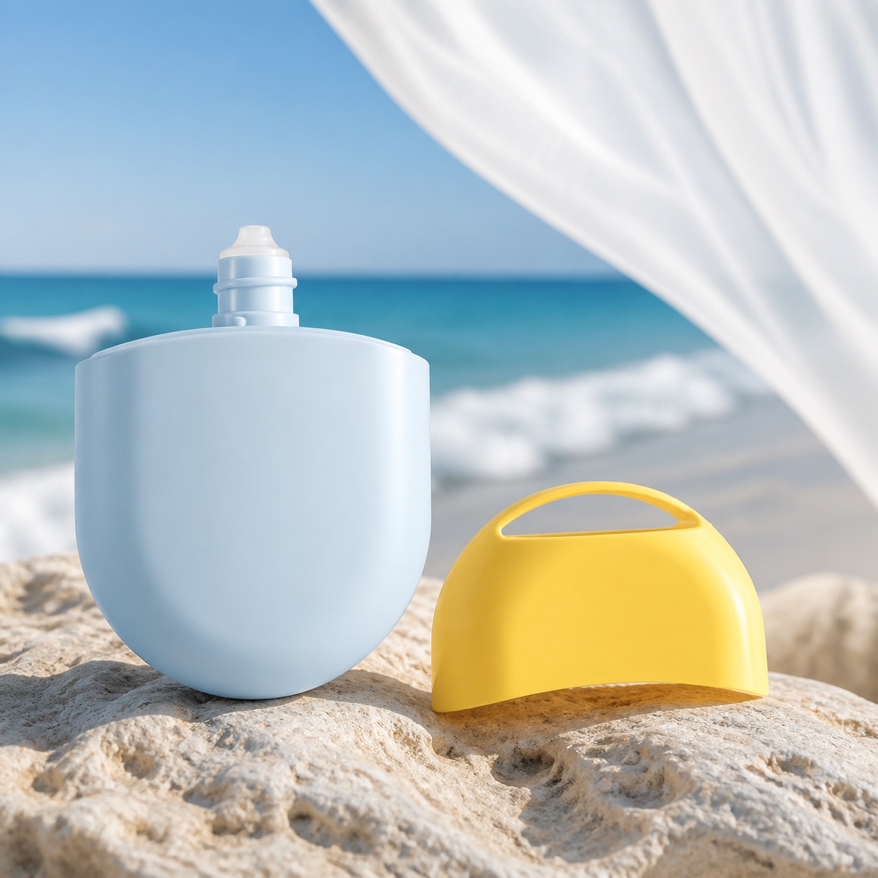 open-blue-50ml-pp-sunscreen-bottle-with-yellow-handle-cap-at-the-beach