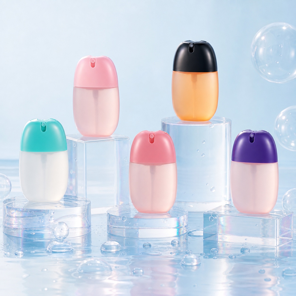 colorful-50ml-pp-pocket-spray-bottles-in-a-blue-water-lifestyle-scene