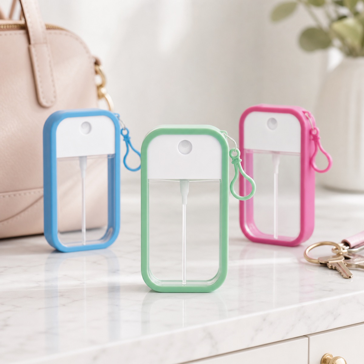 blue-green-and-pink-50ml-petg-framed-card-spray-bottles-with-keychains