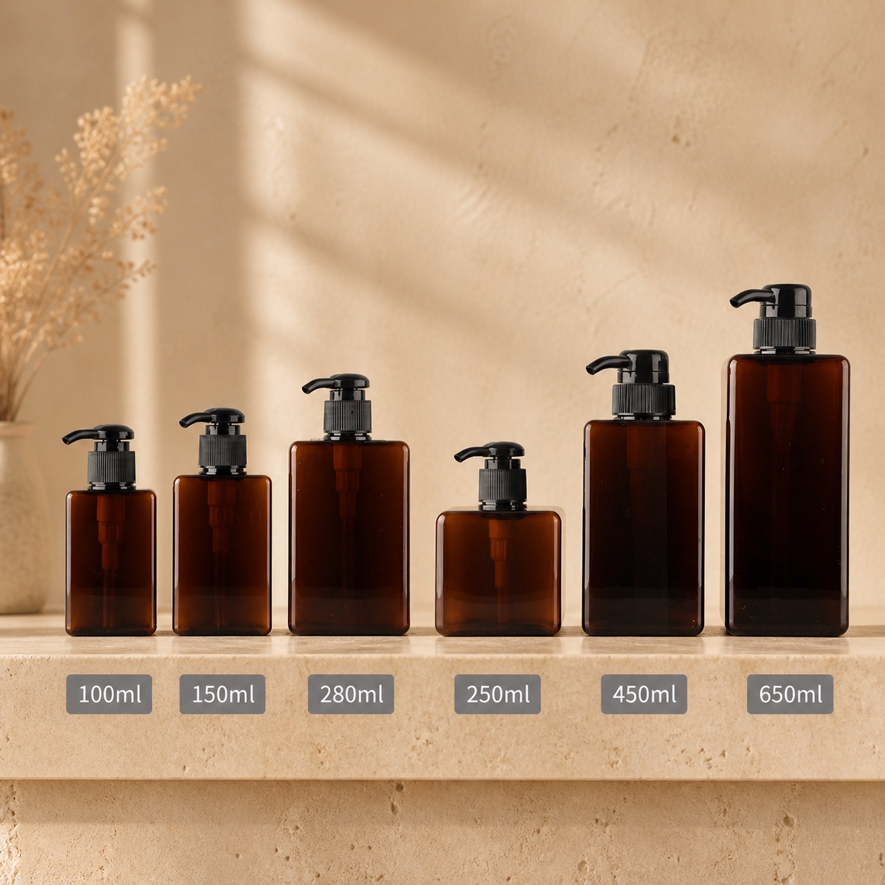 amber-square-petg-pump-bottle-size-collection