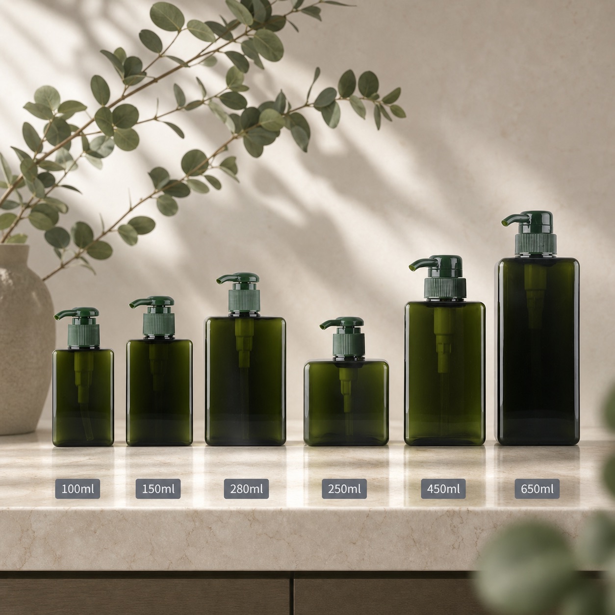 green-square-petg-pump-bottles-with-capacity-labels