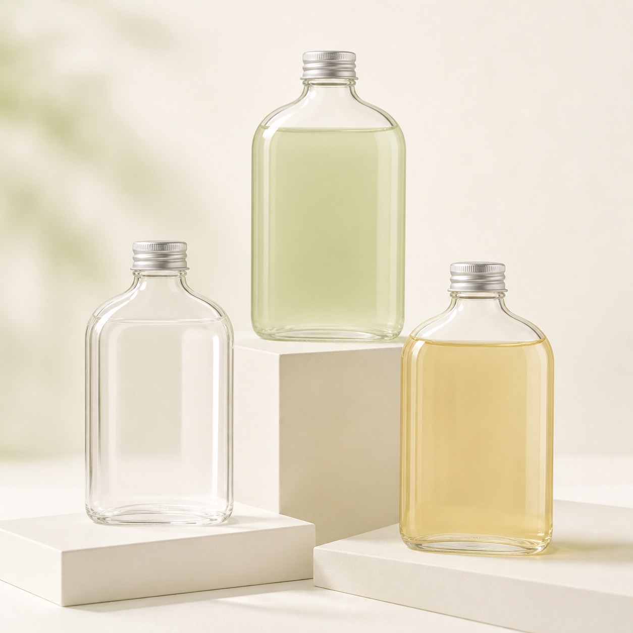 three-flat-pet-juice-bottles-with-clear-and-colored-drinks