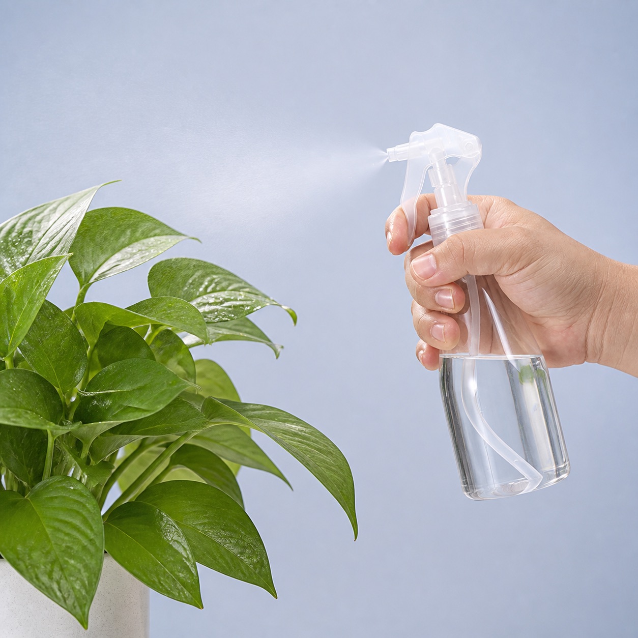 hand-using-clear-pet-spray-bottle-on-houseplant