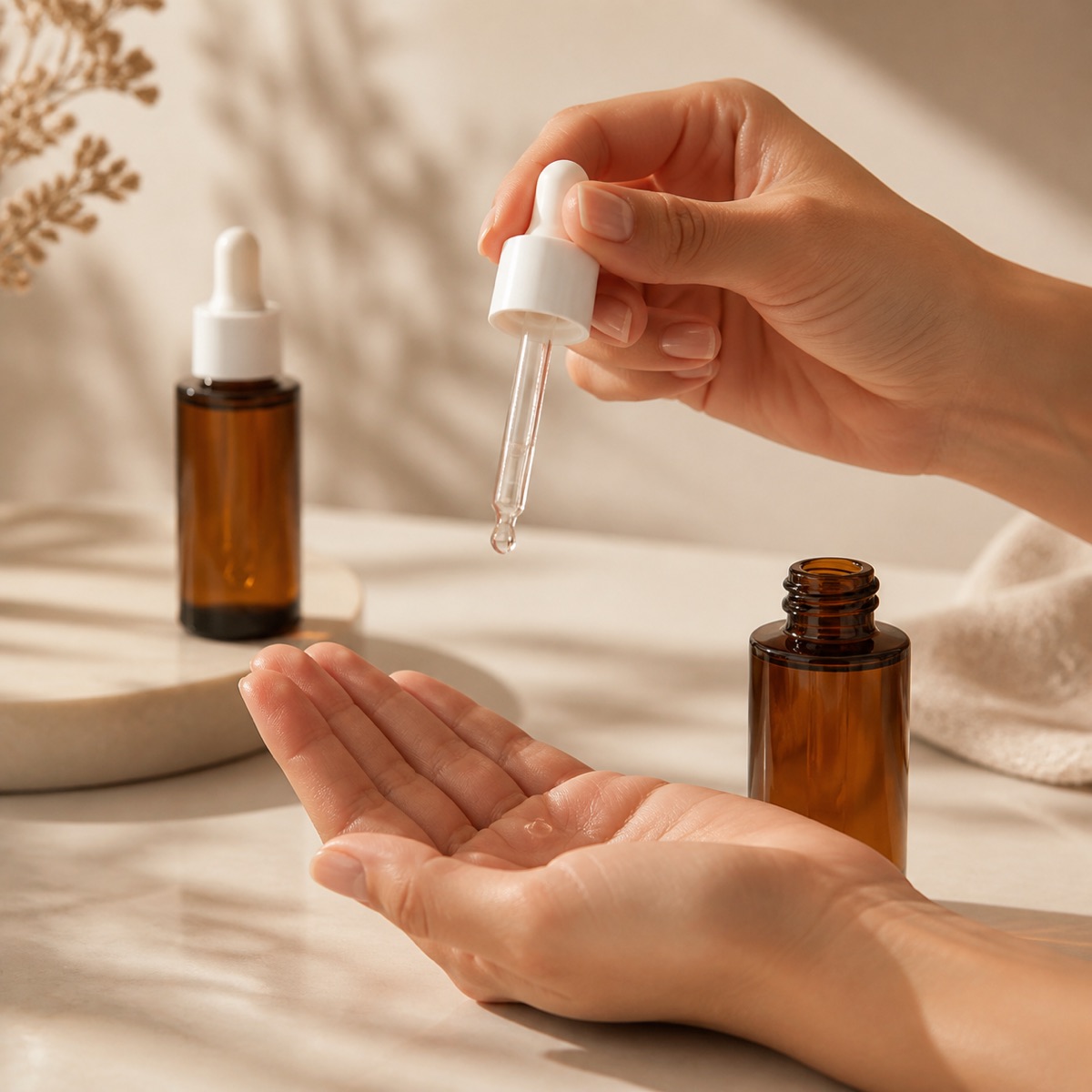 amber-petg-dropper-bottle-dispensing-facial-serum-into-a-hand