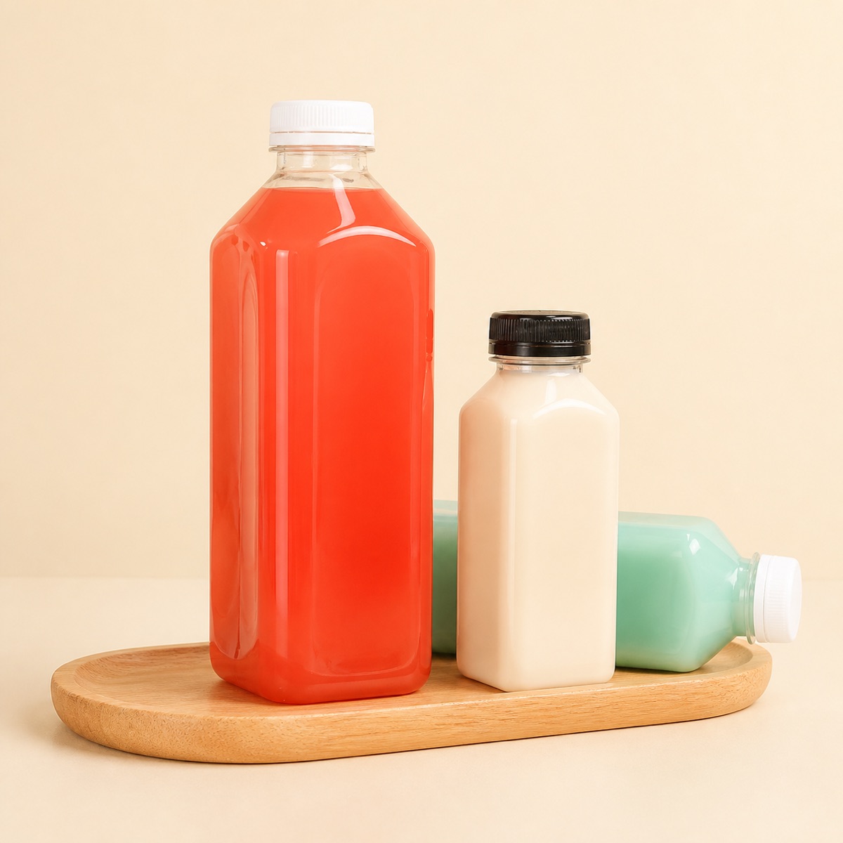 pet-square-milk-and-juice-bottles-arranged-on-a-wooden-tray