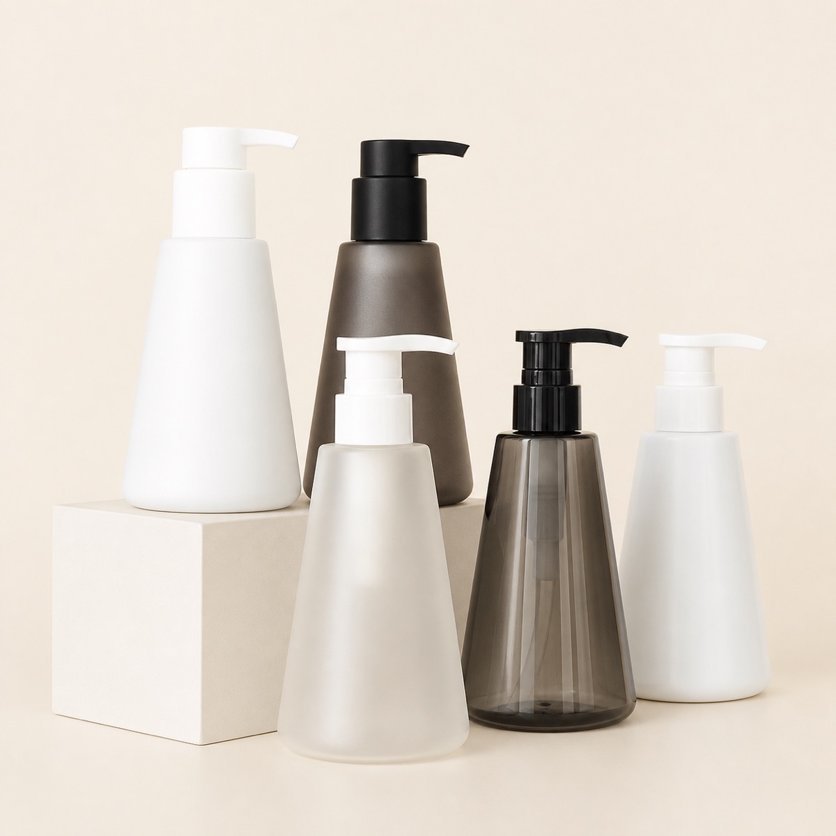 tapered-pet-lotion-pump-bottles-displayed-on-tiered-blocks