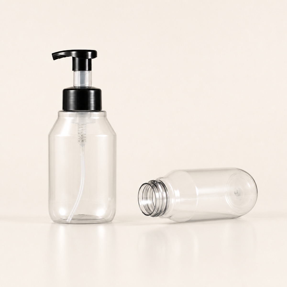 two-clear-350ml-pet-foaming-pump-bottles-with-black-pumps
