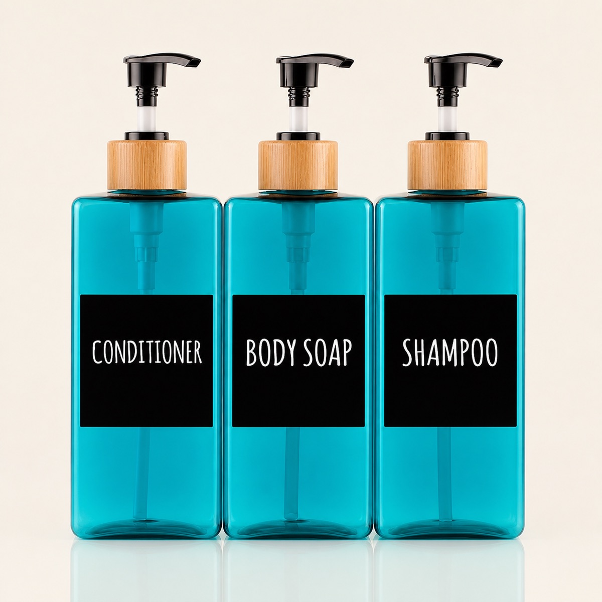 three-teal-500ml-pet-pump-bottles-for-shampoo-conditioner-and-body-soap