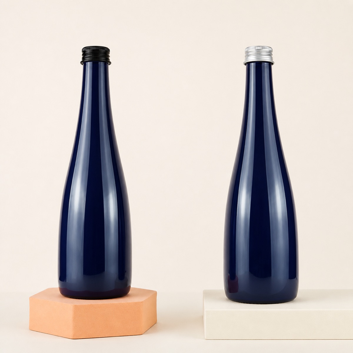 500ml-blue-pet-long-neck-bottles-with-black-and-silver-caps