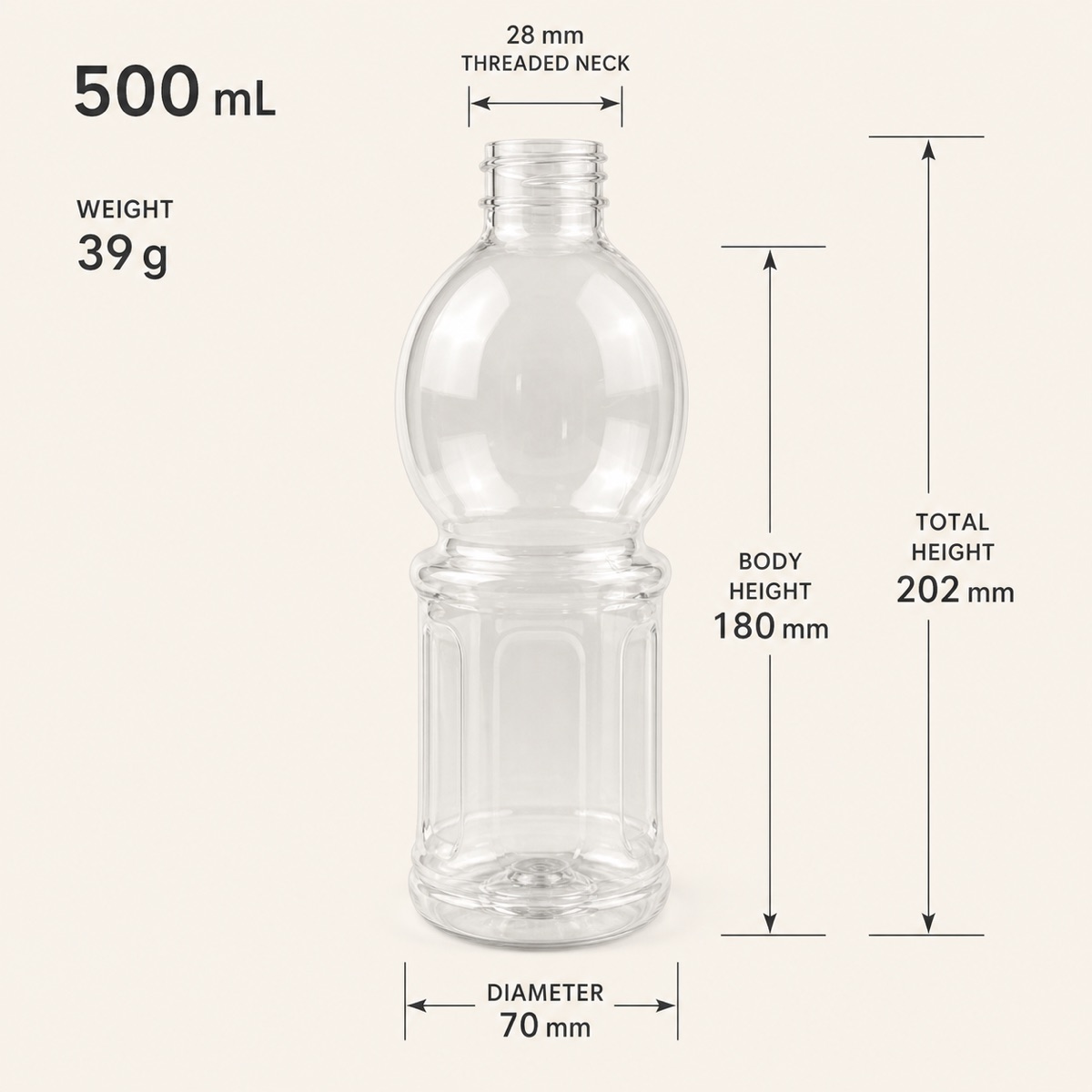 500ml-clear-pla-bottle-dimensions-with-28mm-threaded-neck