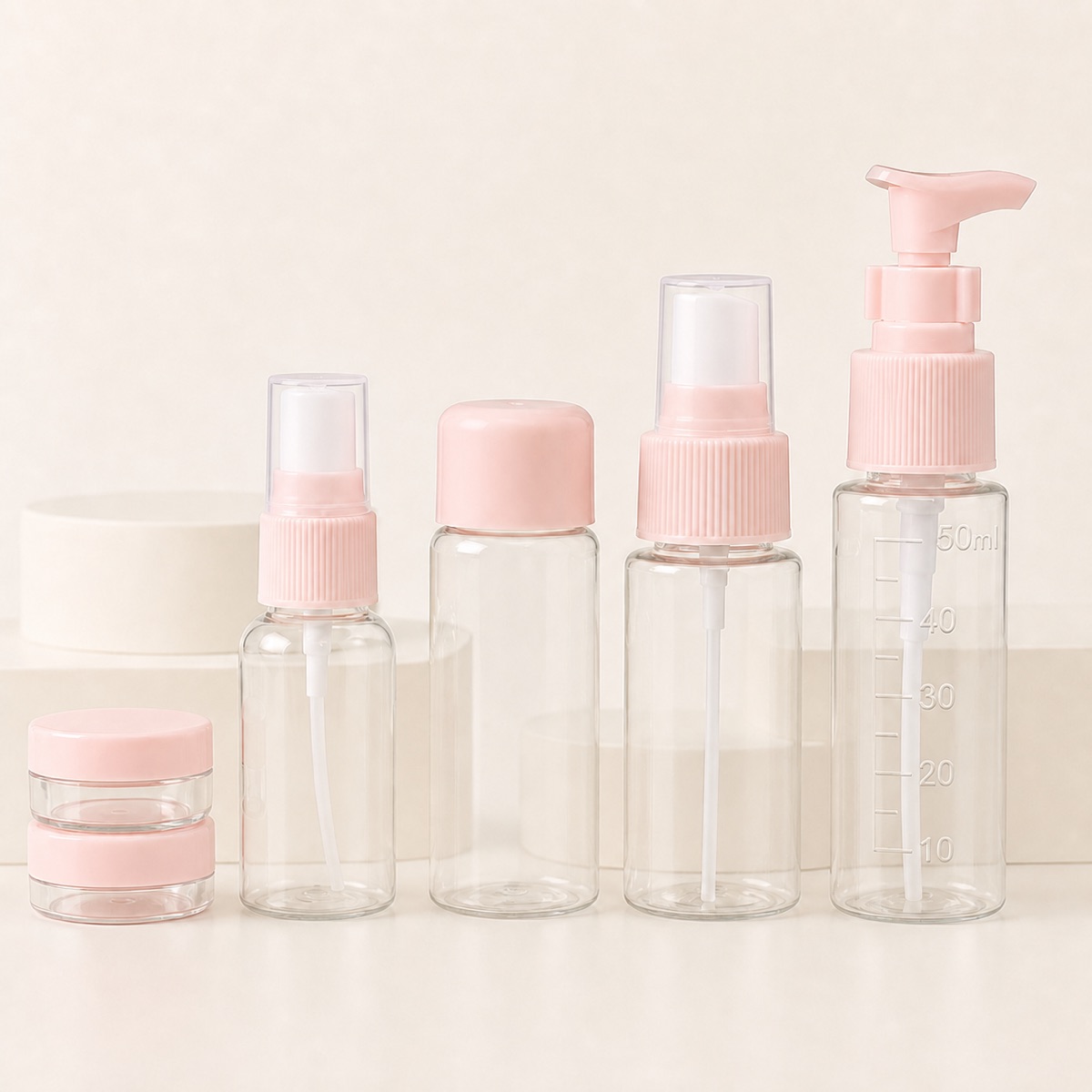 pink-50ml-pet-travel-bottles-with-pump-spray-flip-top-and-jar