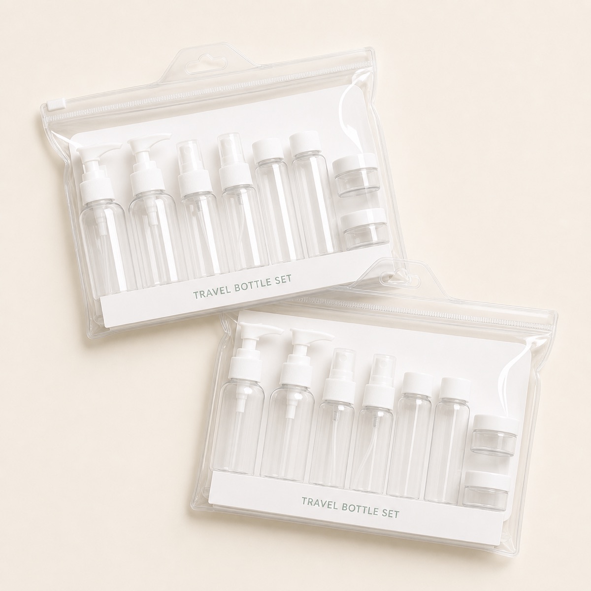white-eleven-piece-travel-container-sets-in-transparent-pouches