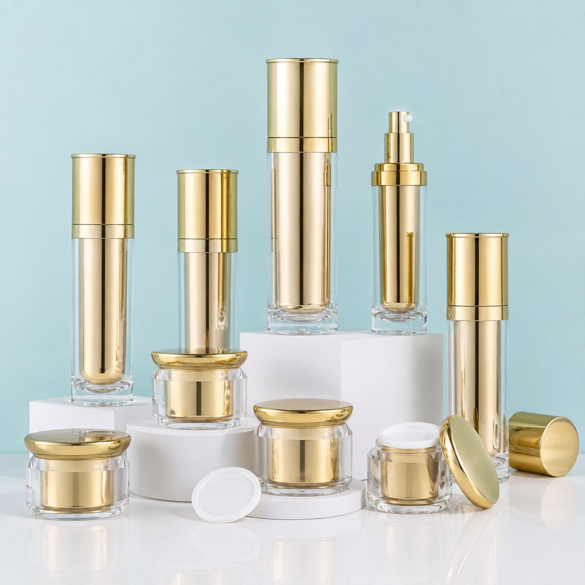 gold-airless-pump-bottles-and-cream-jars-complete-skincare-set
