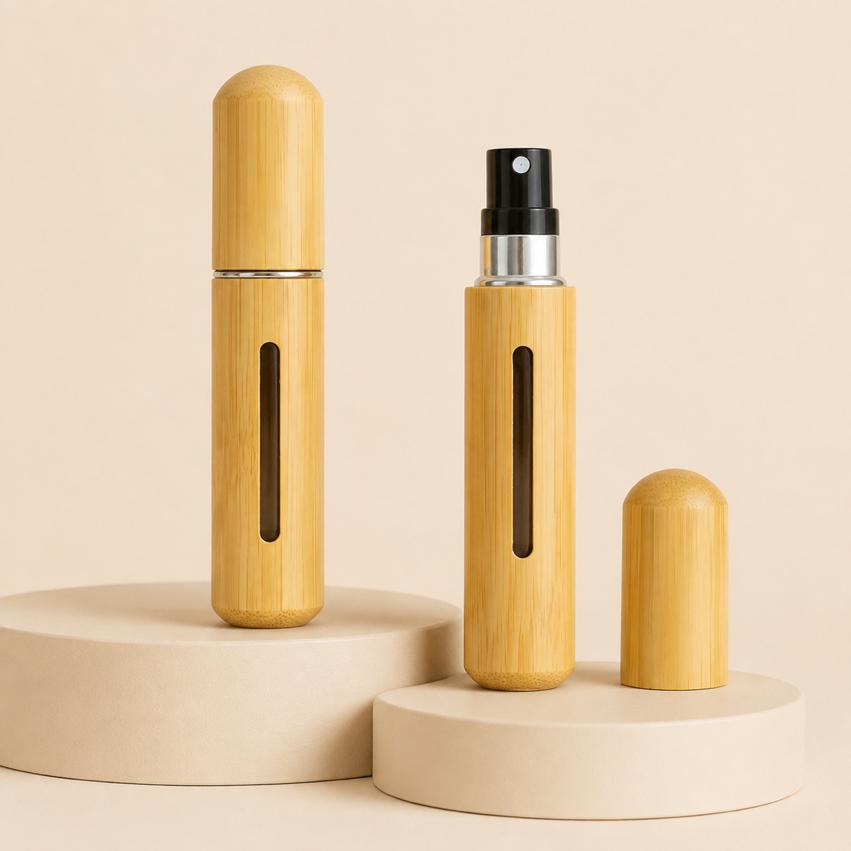 5ml-8ml-bamboo-bottom-fill-perfume-spray-bottle-shown-open-and-closed-on-a-neutral-display
