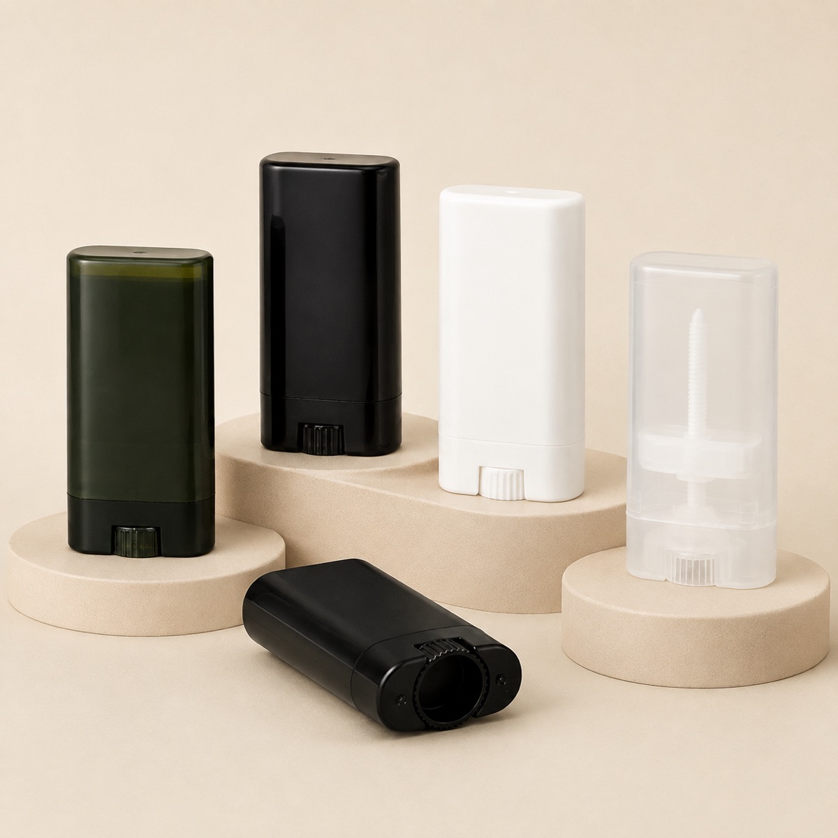 15g-pp-solid-balm-stick-container-displayed-in-dark-green-black-white-and-clear-finishes