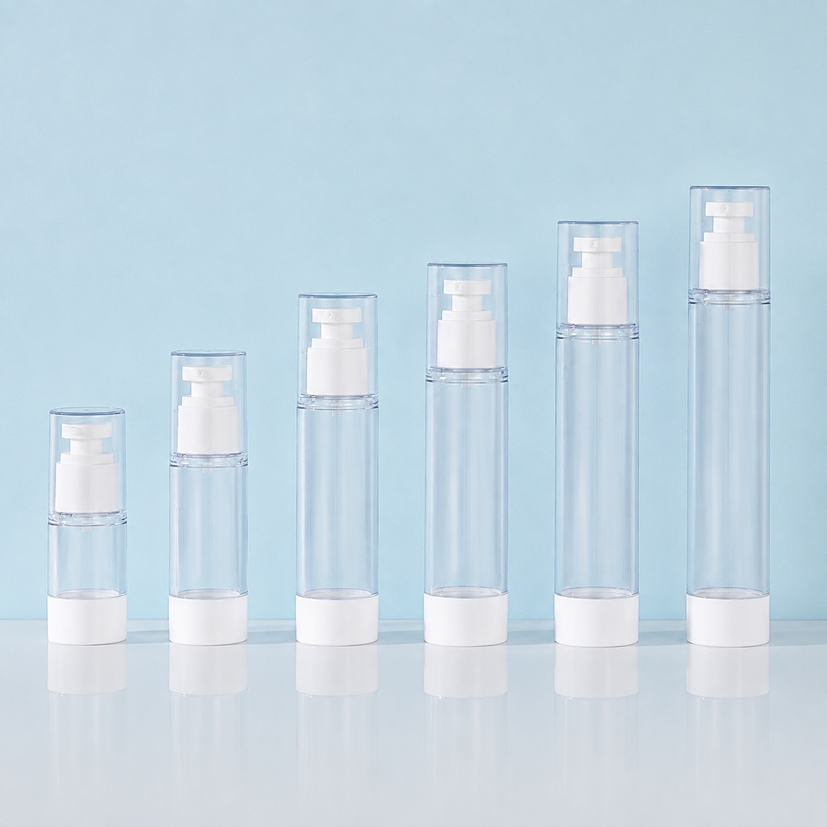 15ml-30ml-50ml-clear-as-airless-spray-and-lotion-bottle-six-clear-airless-bottles-arranged-by-size