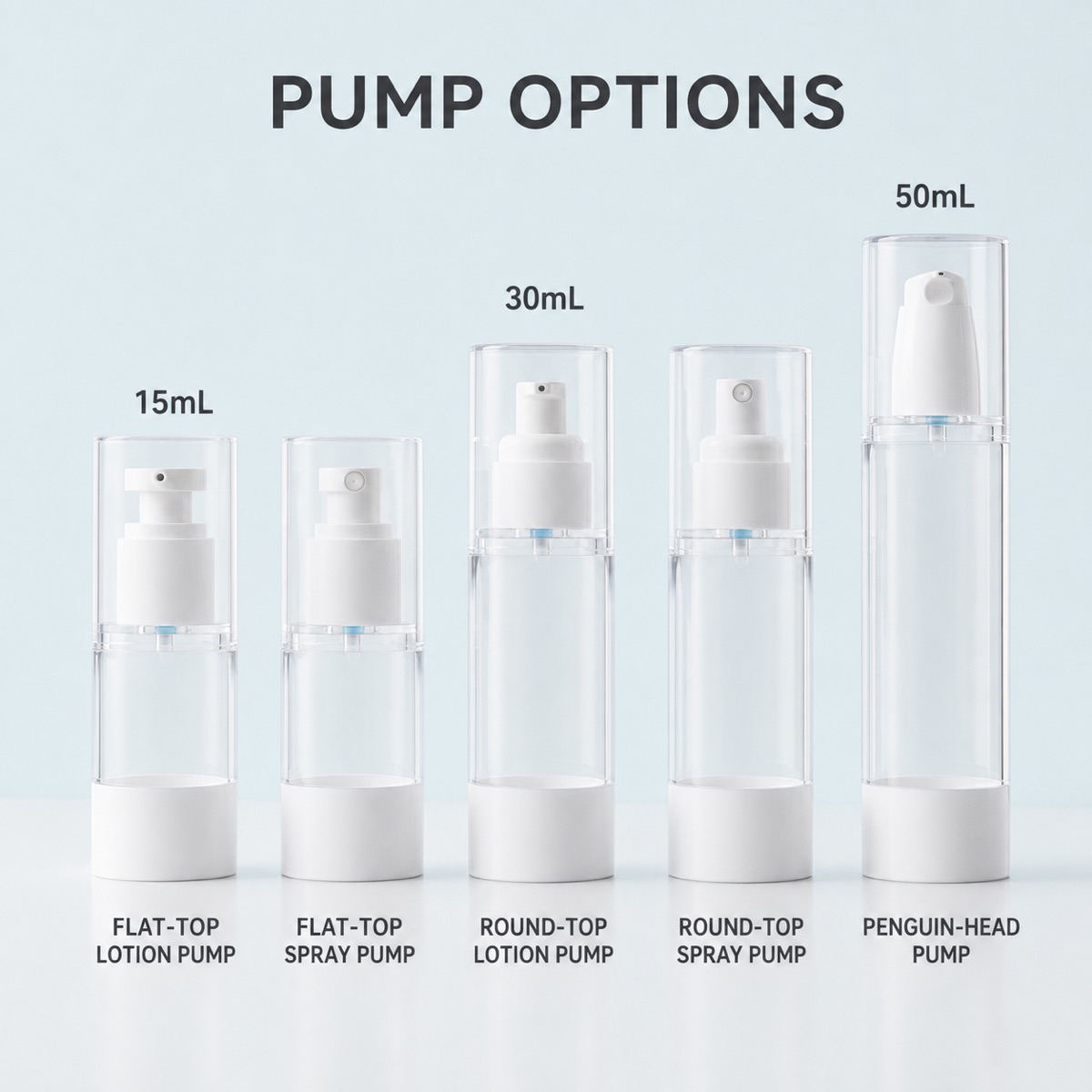 15ml-30ml-50ml-clear-as-airless-spray-and-lotion-bottle-with-flat-top-round-top-and-penguin-head-pump-options