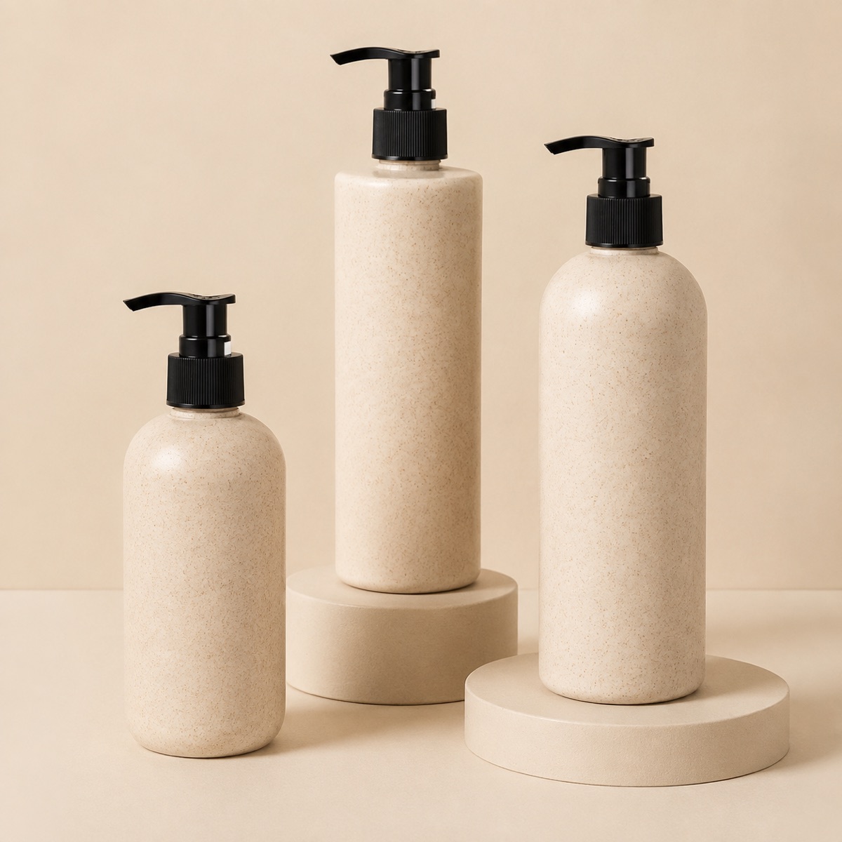 30ml-to-500ml-wheat-straw-composite-pump-bottle-three-pump-bottles-in-a-studio-display